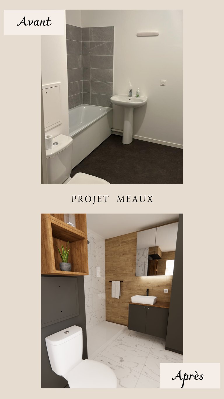 salle d'eau marbre, carrelage effet bois et mobilier gris anthracite 