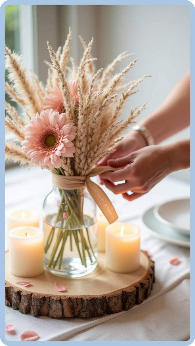 Centre de table en fleurs séchées installé sur une table de réception élégante.