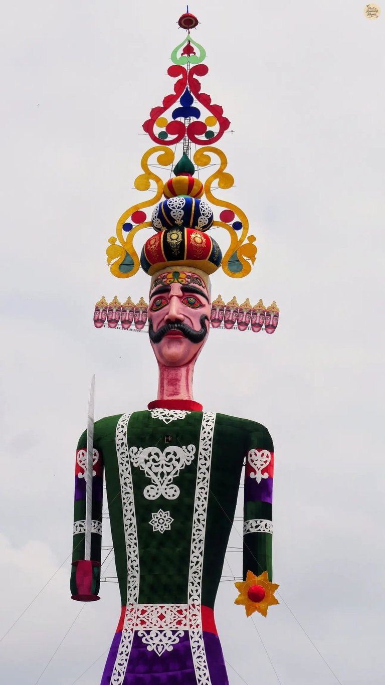 Majestic ten-headed Ravana effigy stands proudly at Kota Dussehra ground, glowing with grandeur before the final blaze.