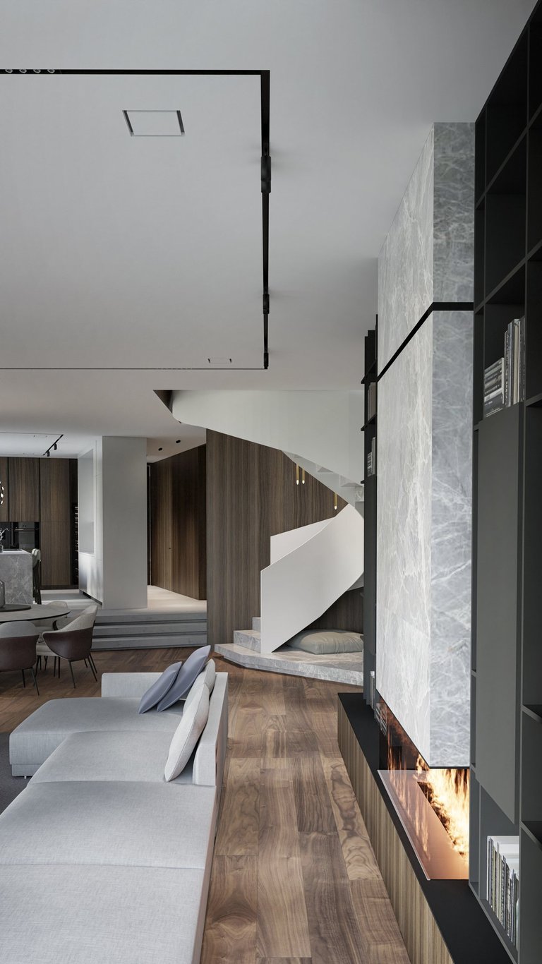 Living room with ERGOVENT KVADRO square frameless diffuser installed flush in white gypsum ceiling