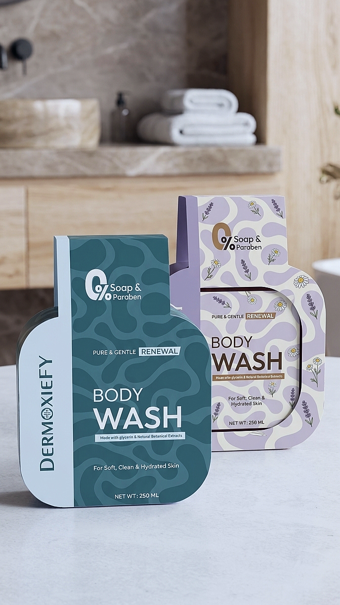 Dermoxify paraben-free body wash bottles in a modern bathroom for soft, hydrated skin.