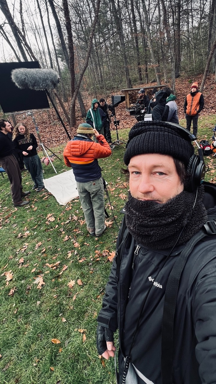 Narrative filmmaking set with sound mixer Johnny Siera and boom operator. 