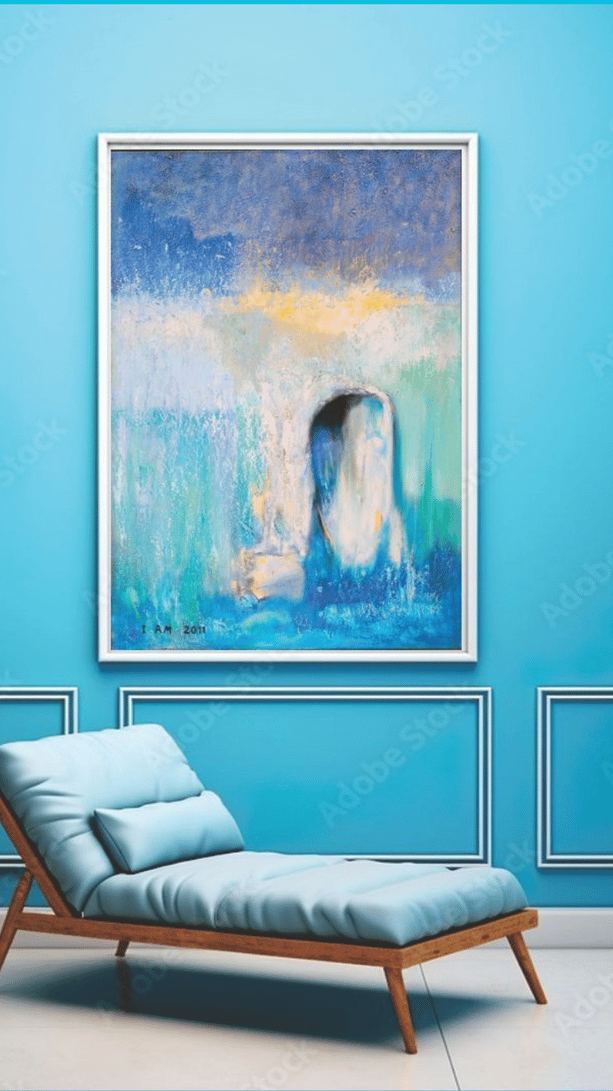 Abstract painting on a blue wall over a chair white and blue