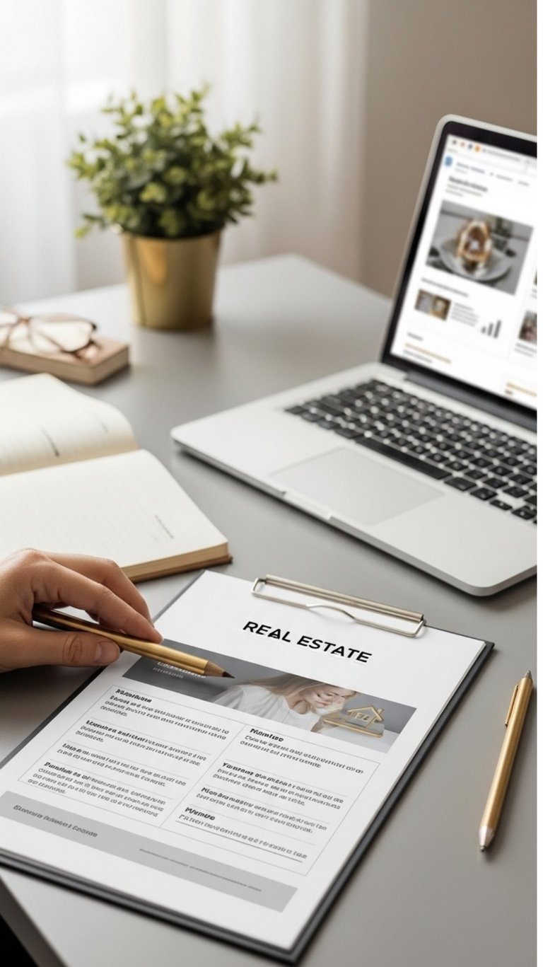 Person reviewing real estate documents on a clipboard beside a laptop and notebook at a desk