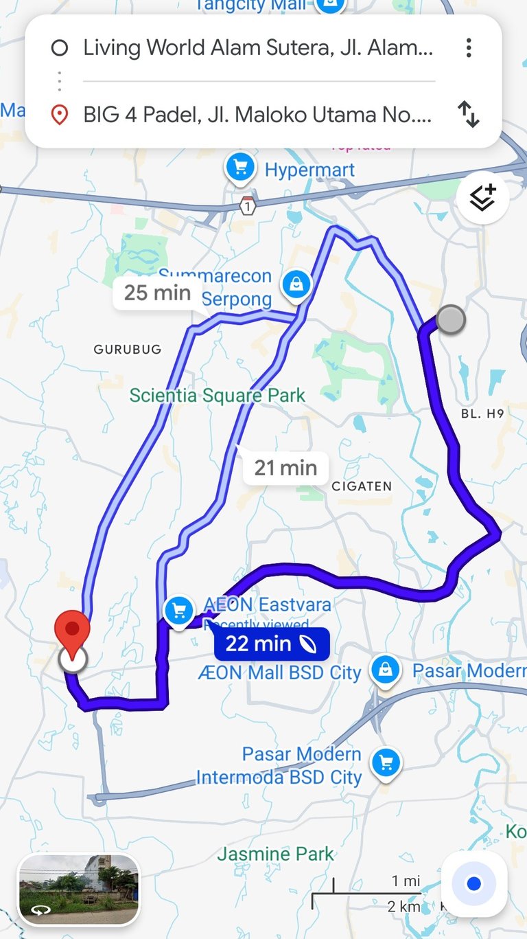jarak waktu tempuh dari mall living world alam sutera menuju big 4 padel bsd
