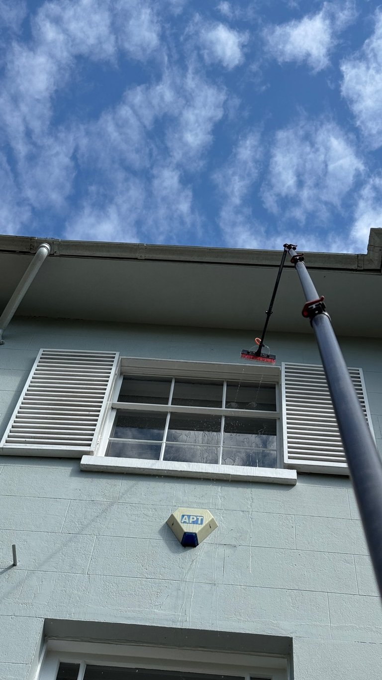 a pole with a brush head attached to it spraying a window