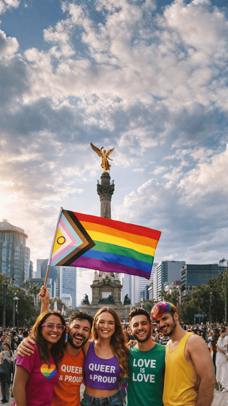 Grupo de amigos queer LGBT en la marcha del orgullo en CDMX frente al Ángel de la Independencia en P