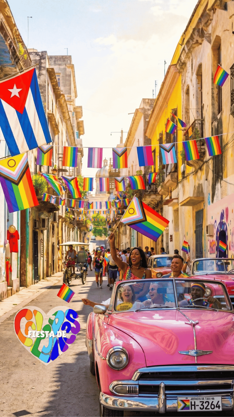 Personas queer en auto clásico en La habana Cuba celebrando el pride, atrás hay banderas de la comun