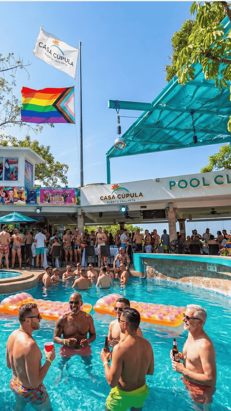 Hombres gays en pool party en Casa cupula PUerto Vallarta celebrando el pride