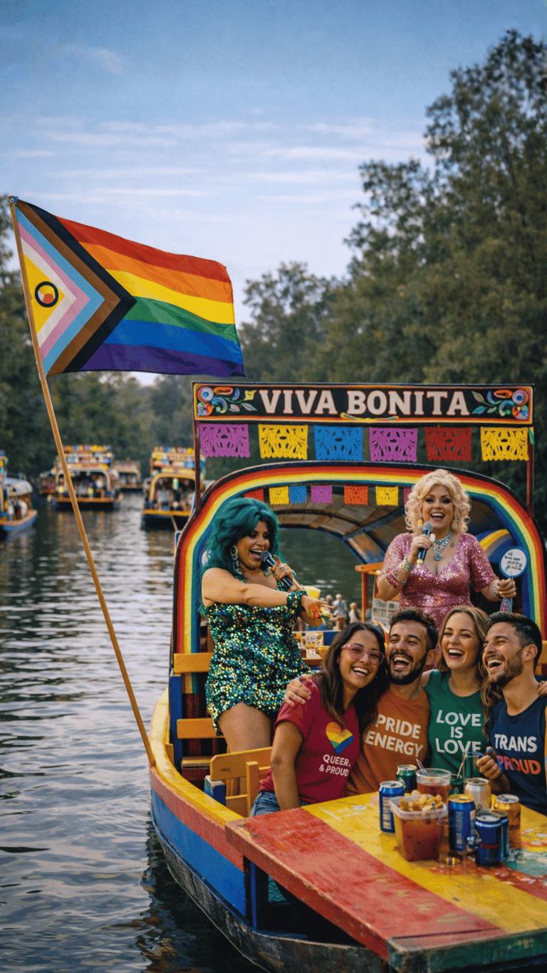Show de drag queens en Xochimilco y en las trajineras grupo de amgios queer disfrutando el show