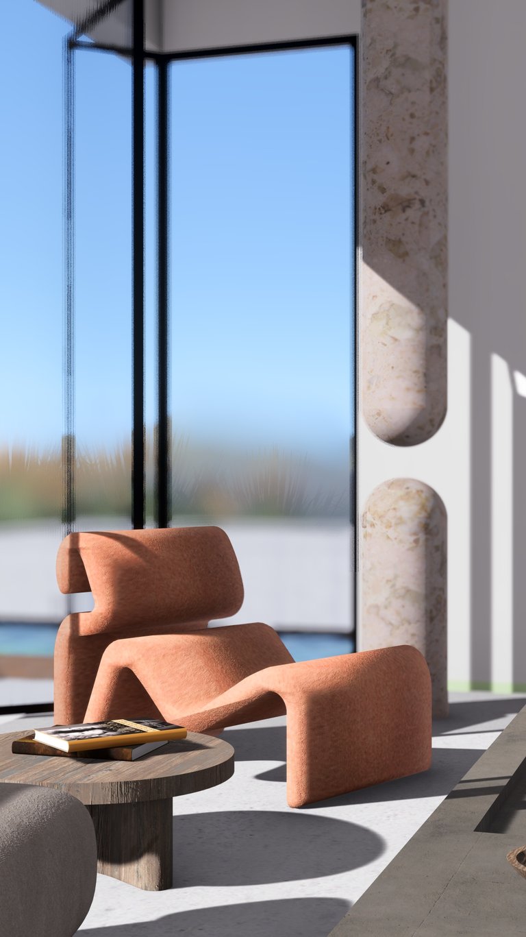 Modern lounge chairs by floor to ceiling glass