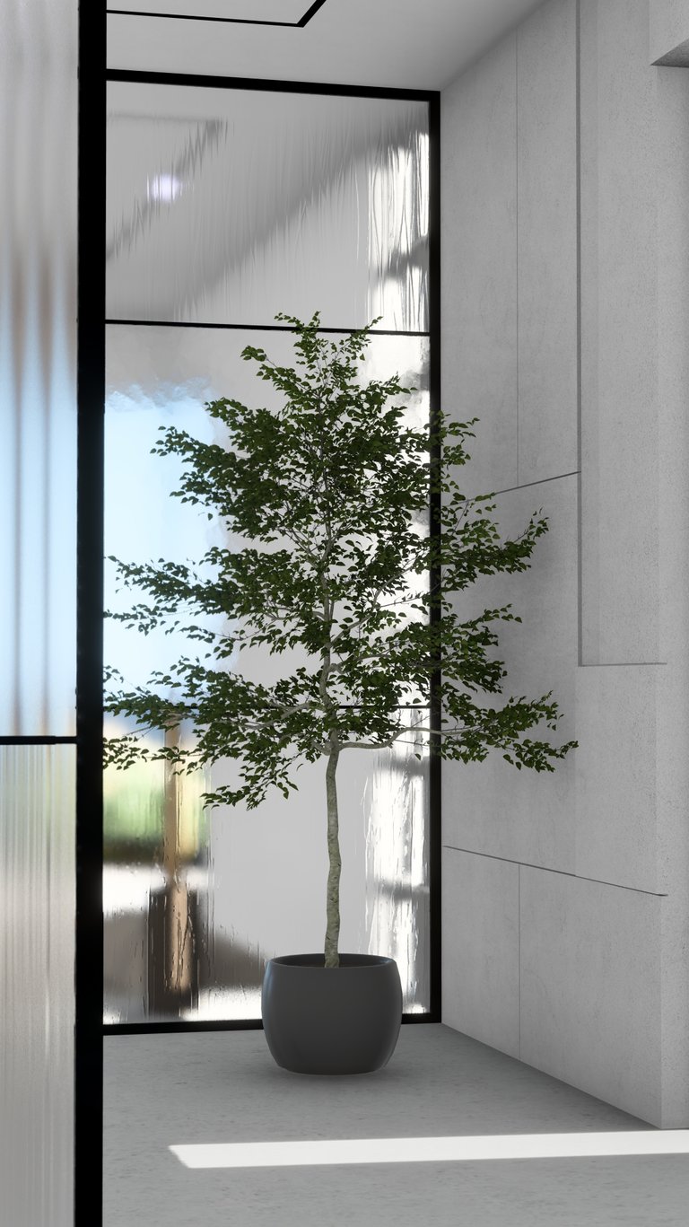 Double height window with indoor tree