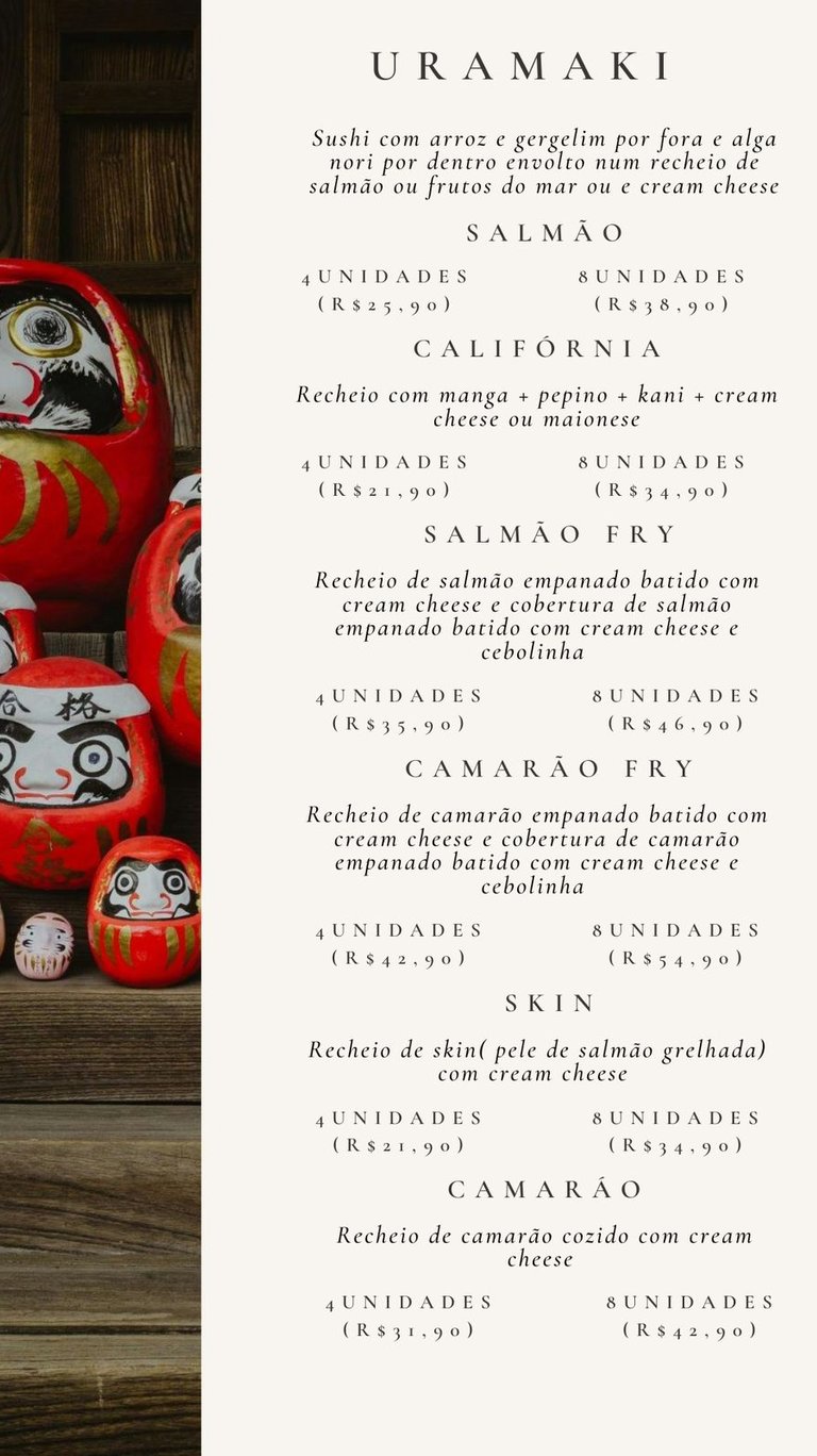 Cardápio Daruma Temaki e Rolls