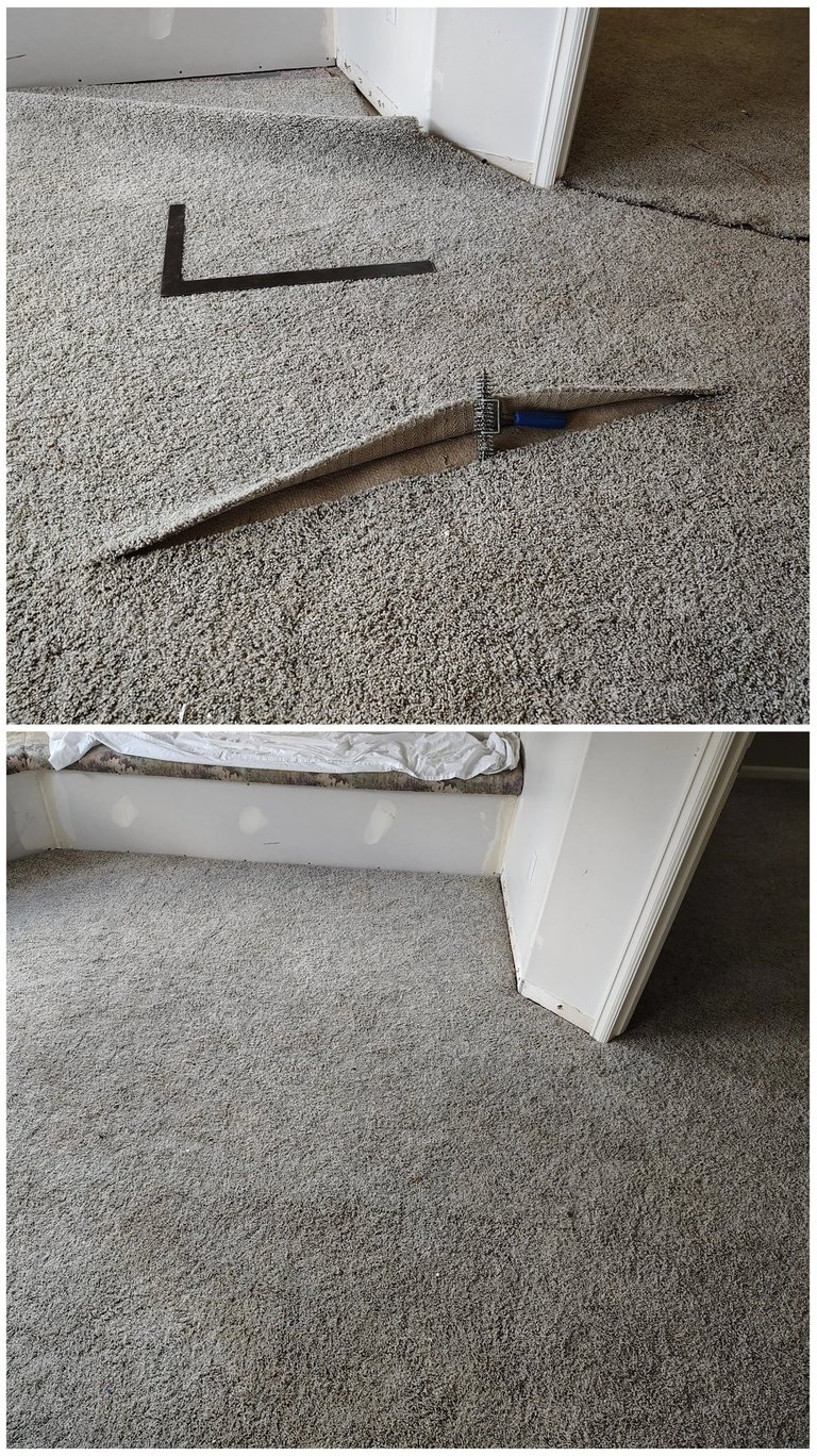 Before and after a major flood damaged this carpet in Price, UT. We precisely repaird it.