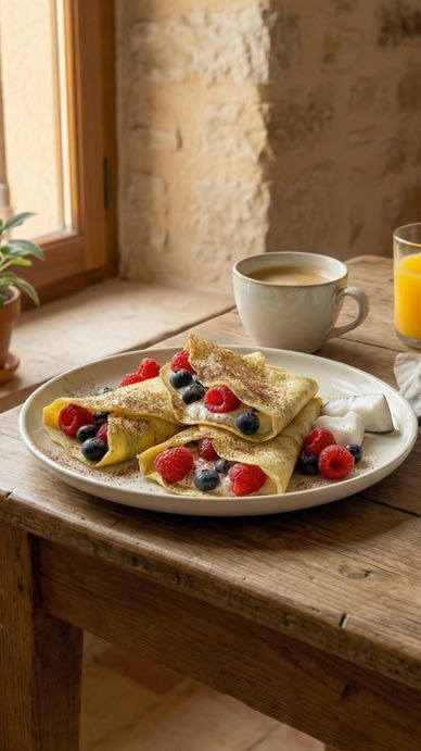 Crepes leggeri al cocco ripiene di frutta e yogurt.