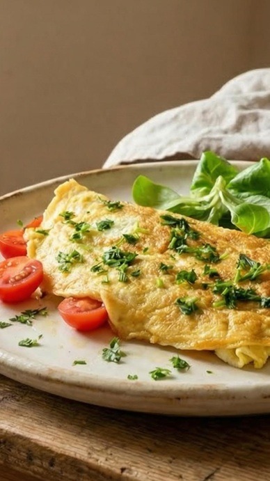 Omelette salata morbida e proteica con verdure fresche.