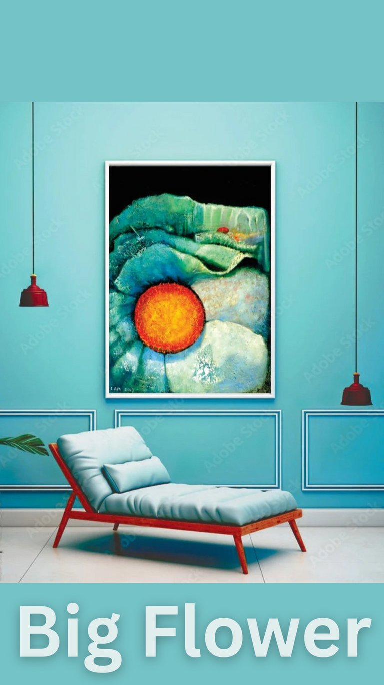 Big flower painting on the wall in a blue room