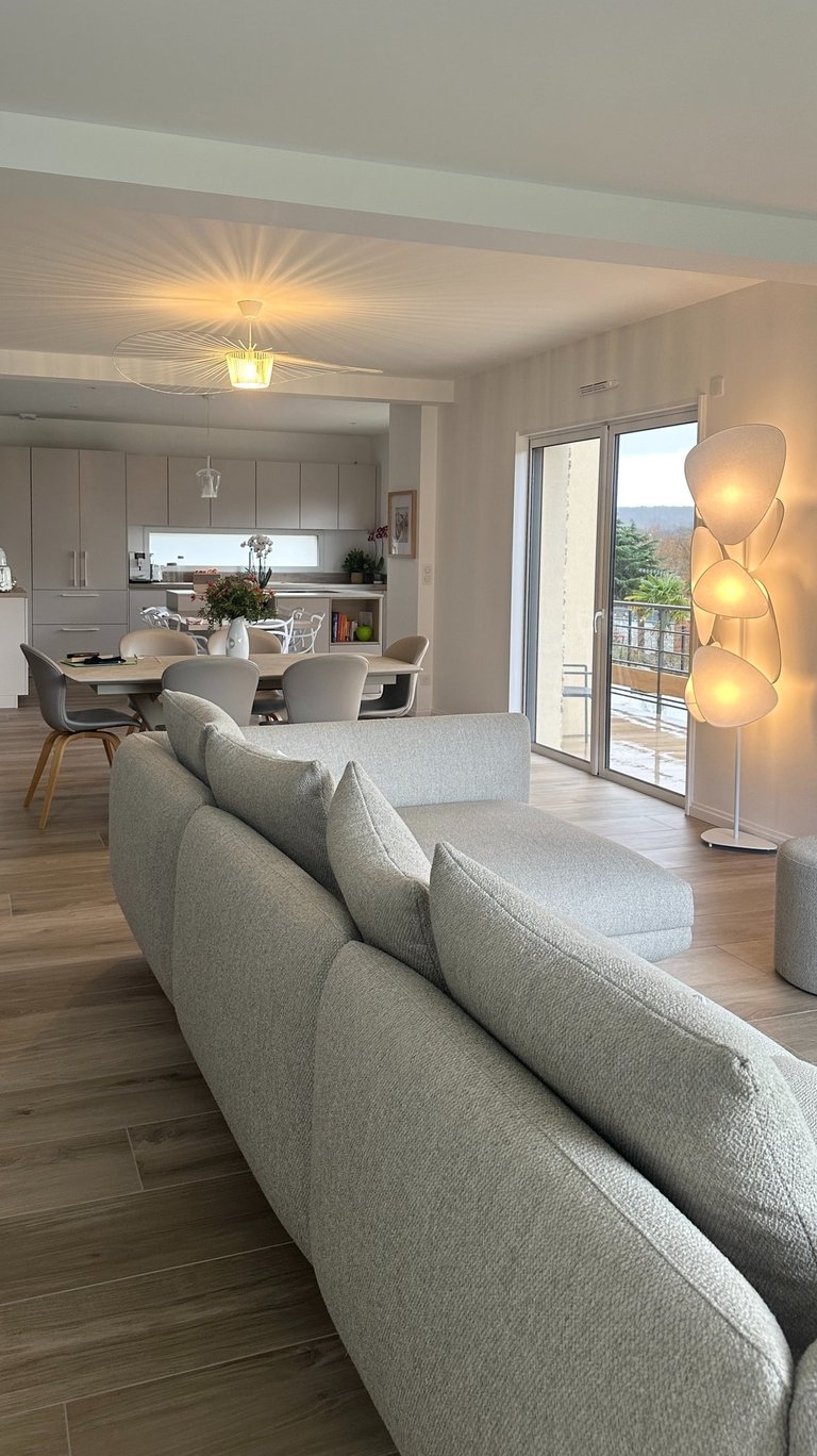 a living room with a couch and a table