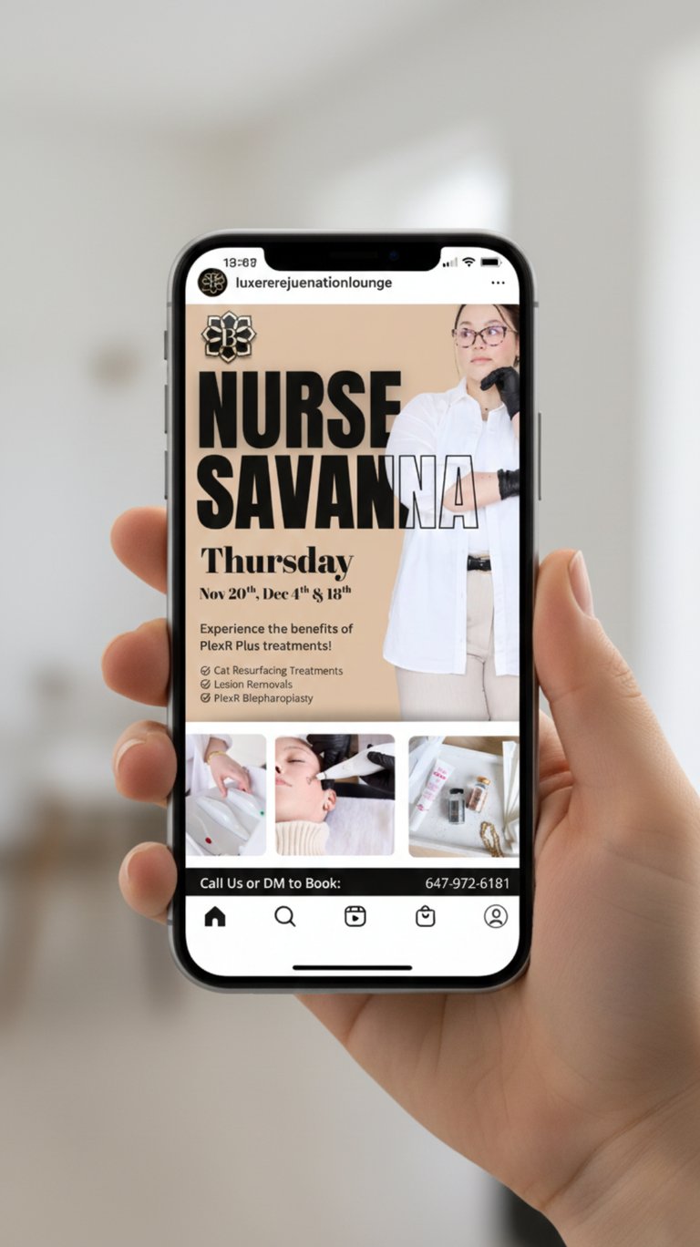 A mobile screen showing Nurse Savanna promoting PlexR Plus skin resurfacing and blepharoplasty treatments.