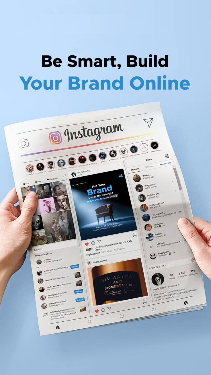 Hands holding a printed newspaper featuring a digital Instagram profile layout for brand building.