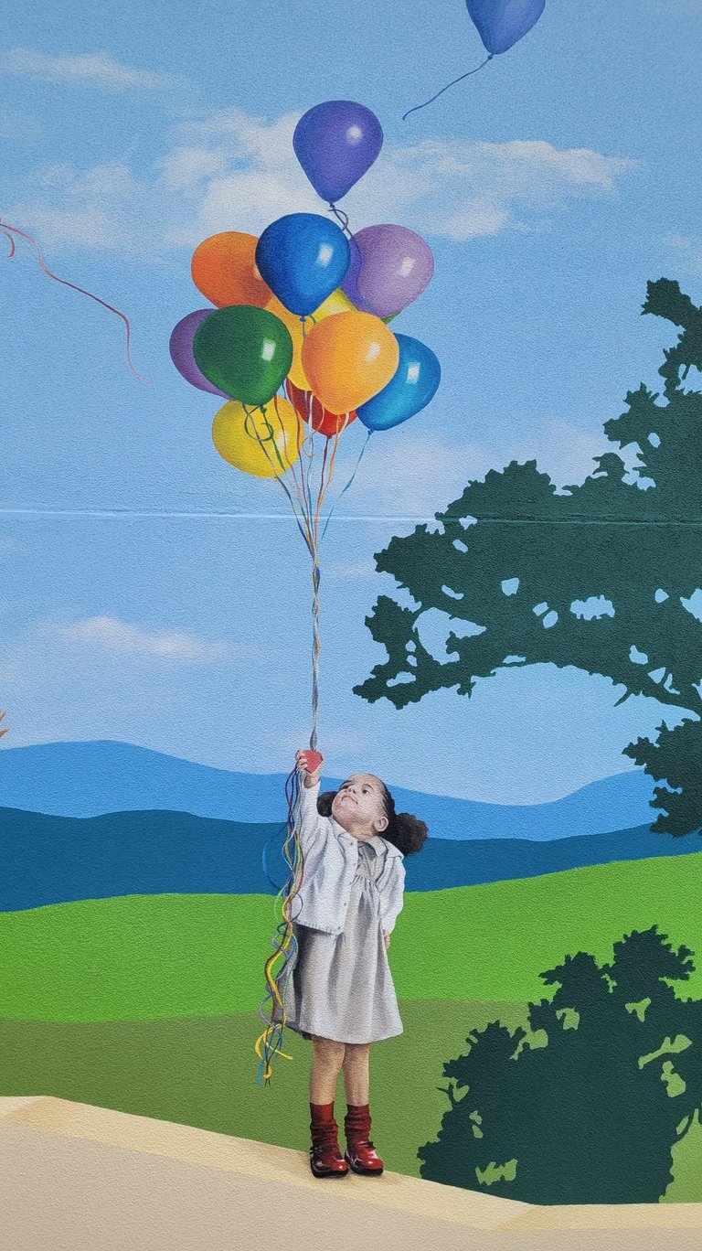 Fresque peinte sur façade. Une fillette sur un muret, tient une grappe de ballons colorés.