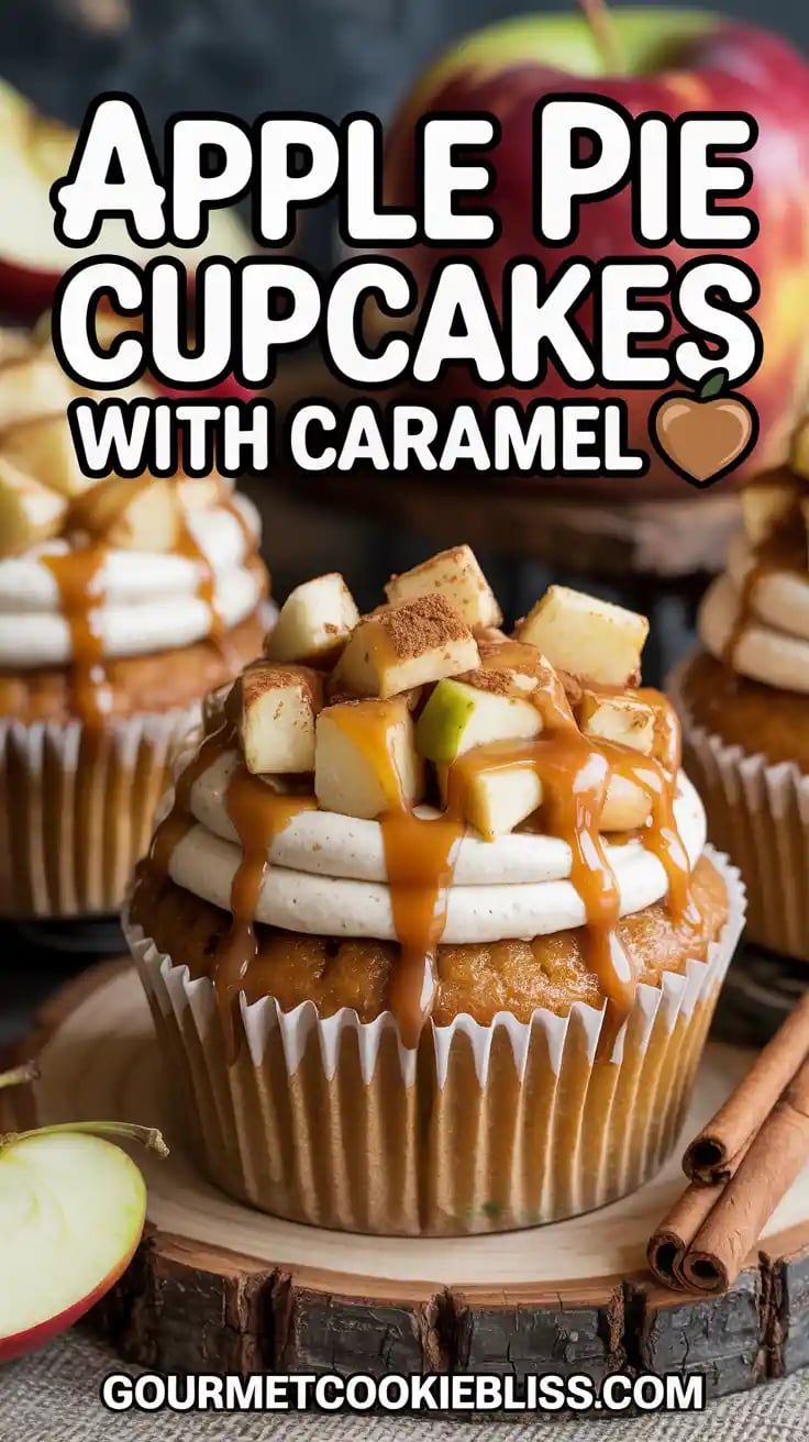 Cupcakes bursting with apple pie flavor, cinnamon spice, and caramel drizzle, styled w/ rustic wood.
