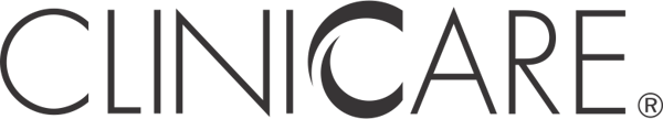 CLINICARE professional skincare brand logo in dark grey text on a black background.