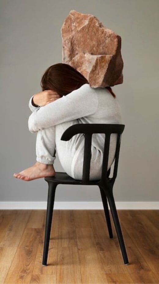 Una mujer sentada en una silla con una pesada roca sobre la espalda, que simboliza el estrés