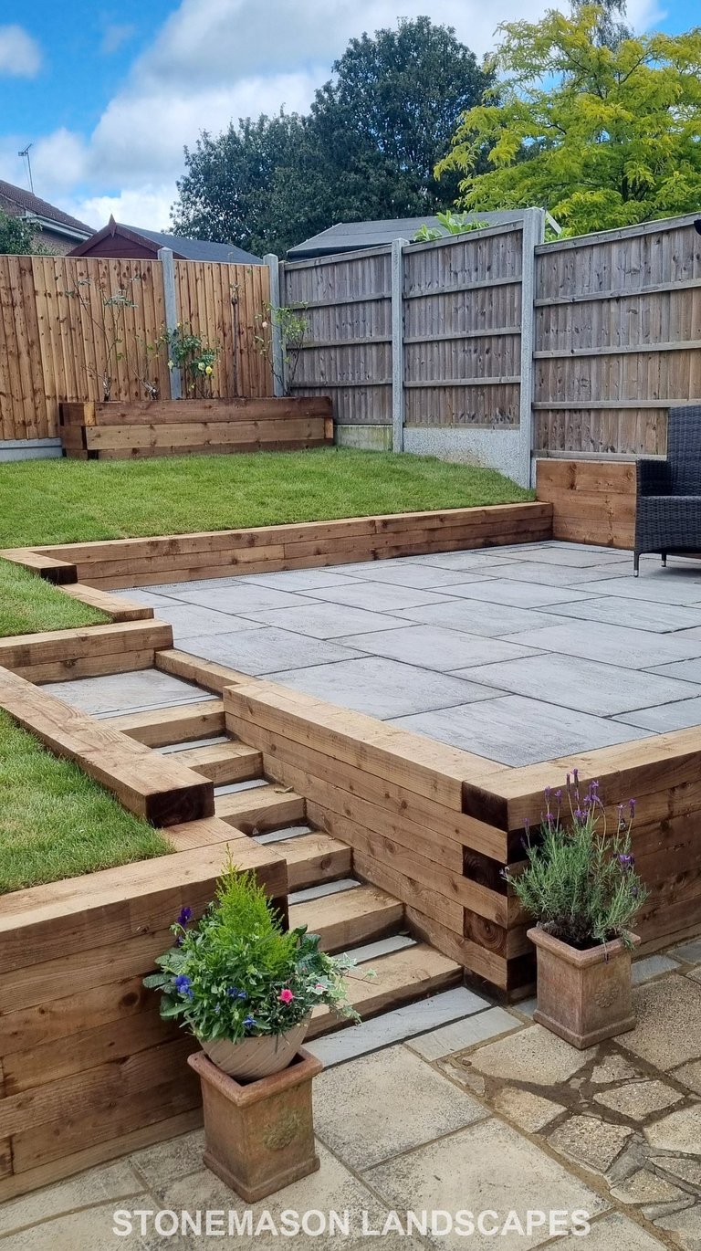 Sleeper Walls Planters & Steps Grey Sandstone Patio & Lawn - Upminster Hornchurch Brentwood Romford 