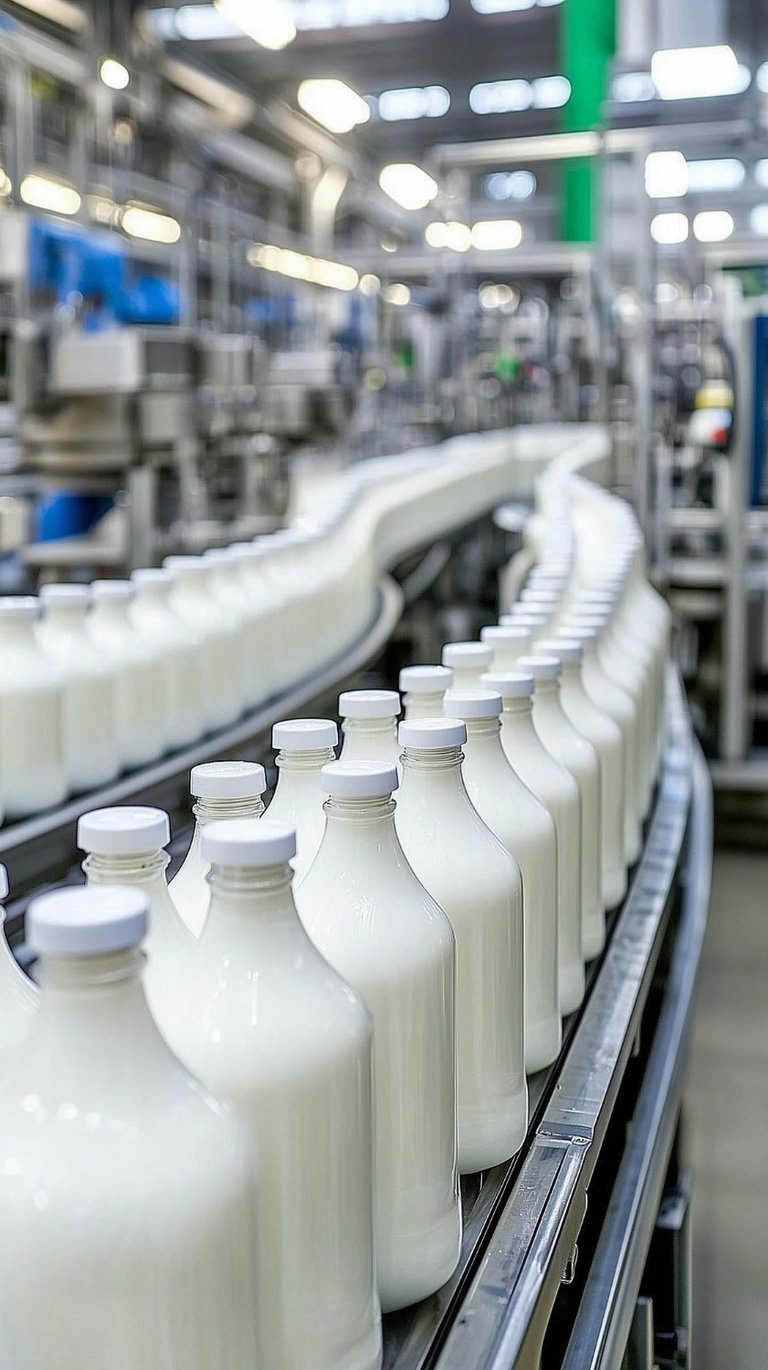 Rows of fresh milk bottles on an automated conveyor belt in a dairy processing plant.