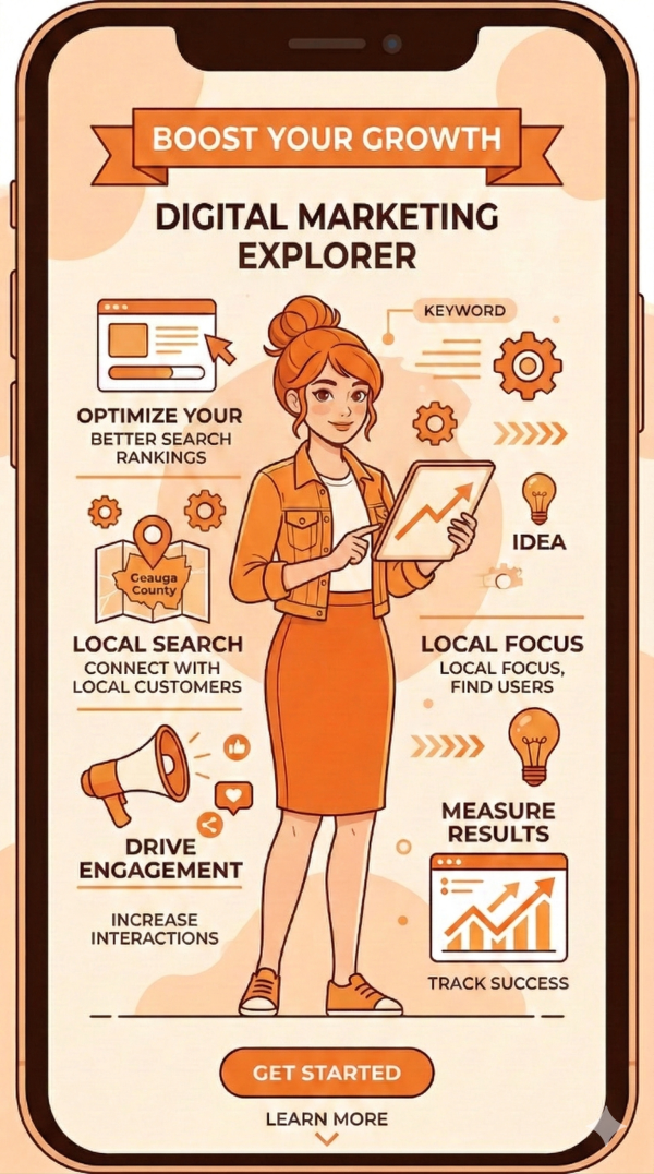 Graphic showing a woman holding a tablet surrounded by different digital marketing components
