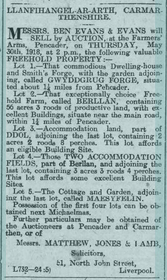 Sales particulars for Berllan 1918