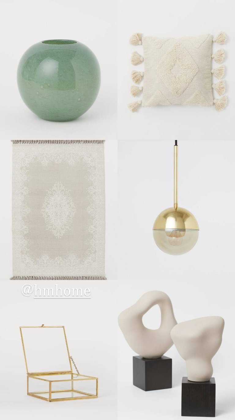 Minimalist home decor collection featuring a green glass vase, tassel pillow, gold pendant light, and abstract sculptures.