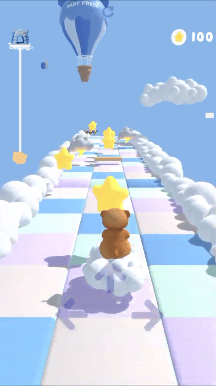 A brown teddy bear character running on a colorful cloud path in a 3D mobile game sky world.