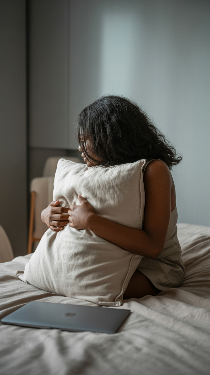 une femme timide pensive sur son lit avec un coussin quel sert dans ses bras pour se réconforter.