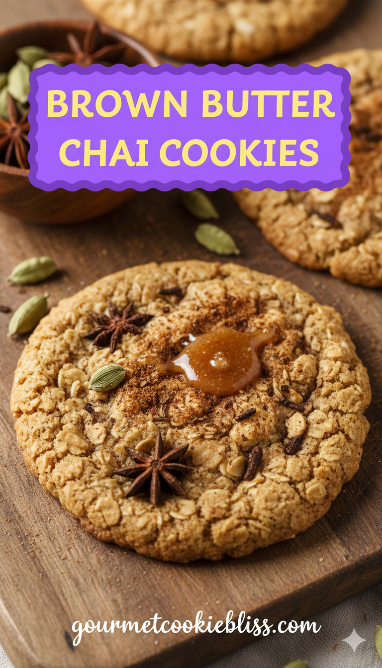 A close-up of a chewy oatmeal cookie with brown butter and chai spices, topped with a drizzlle