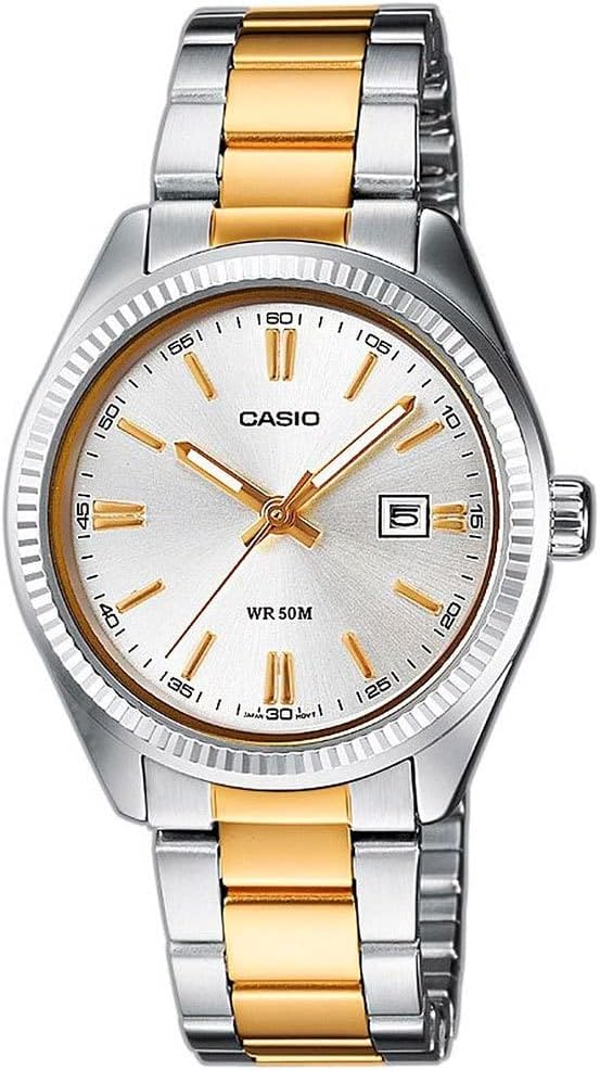 Casio men's two-tone silver and gold stainless steel dress watch with a fluted bezel and date window.