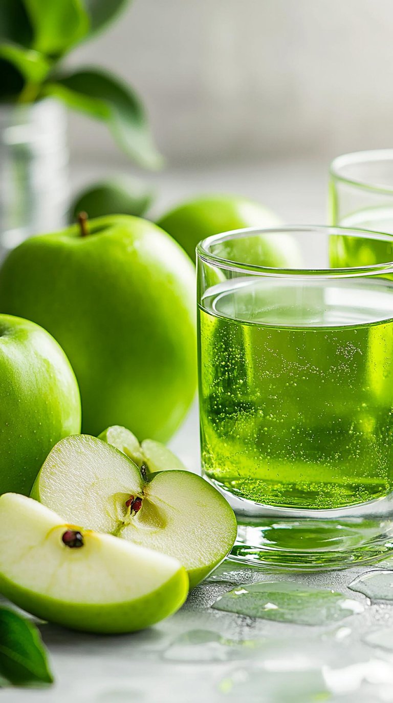 Fresh green apple juice in a glass with sliced Granny Smith apples on a table.