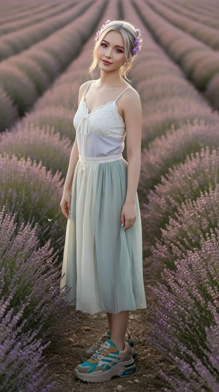 Seorang wanita berdiri di ladang bunga lavender, memakai sepatu sneakers SIGNIFO Chunky berwarna teal.