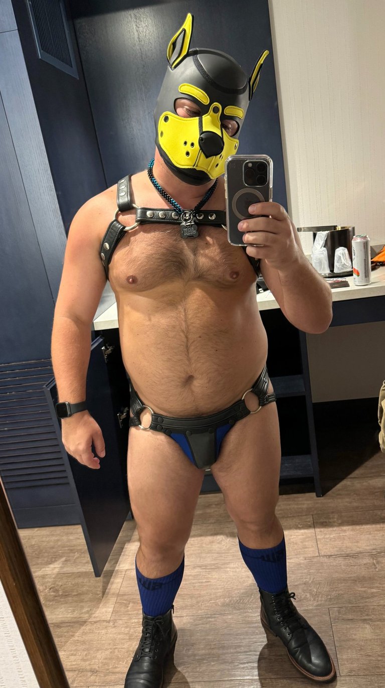 Full body image of a man in pup mask and leather gear.