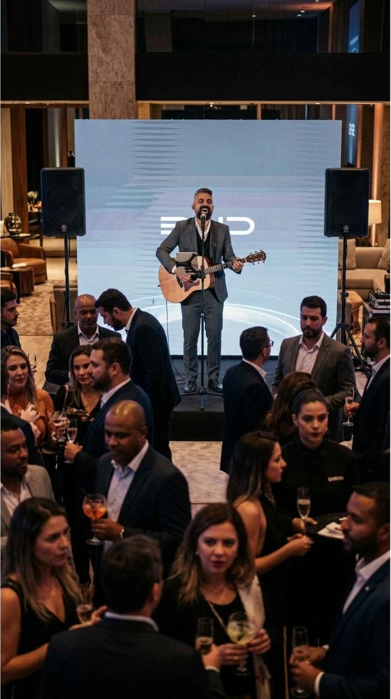 Nando Montê cantando e tocando violão em evento corporativo em Belo Horizonte