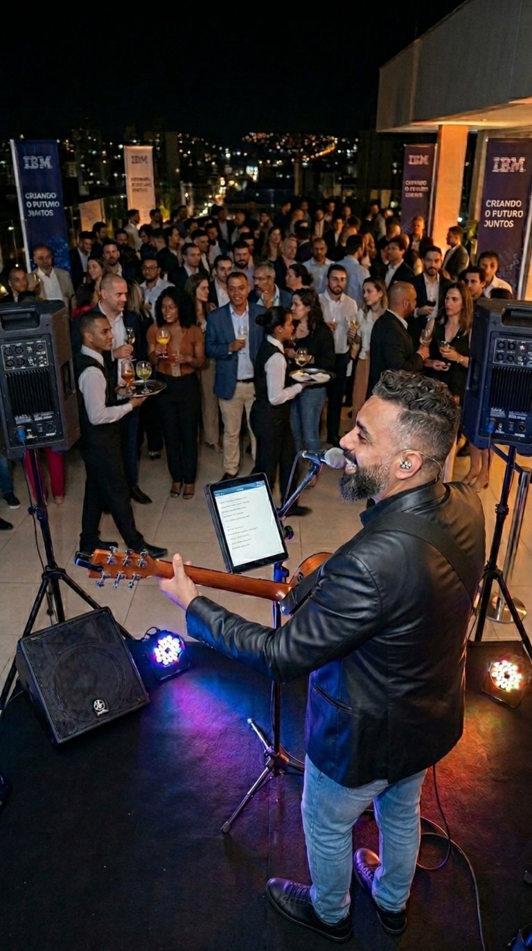 Nando Montê cantando e tocando violão em evento corporativo em Belo Horizonte