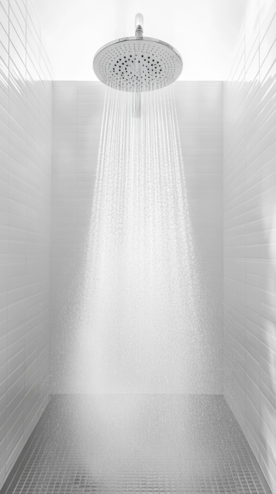 Rain shower head spraying water in a clean white tiled shower