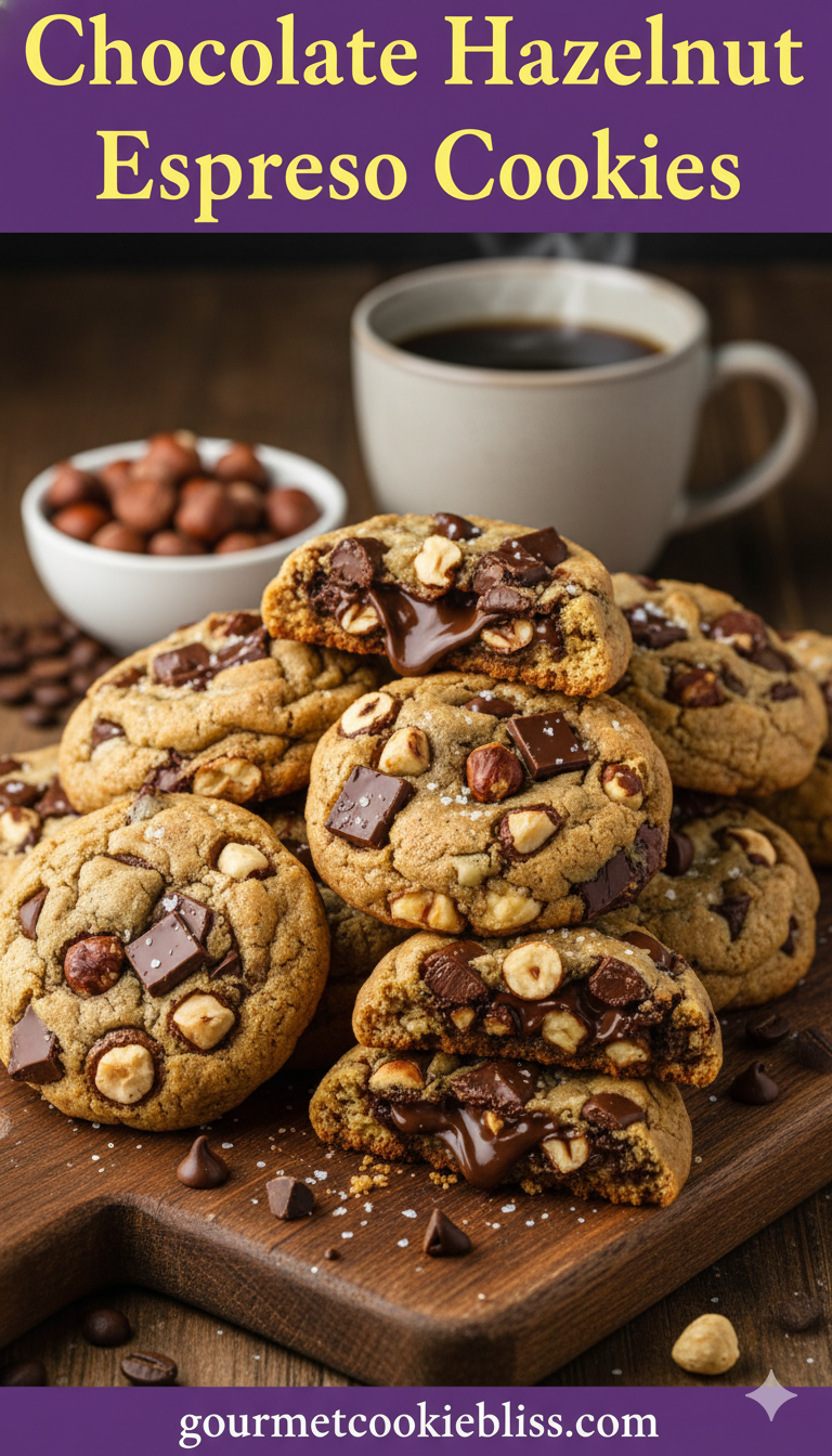 A delicious display of hazelnut espresso chocolate chip cookies on a wooden board.