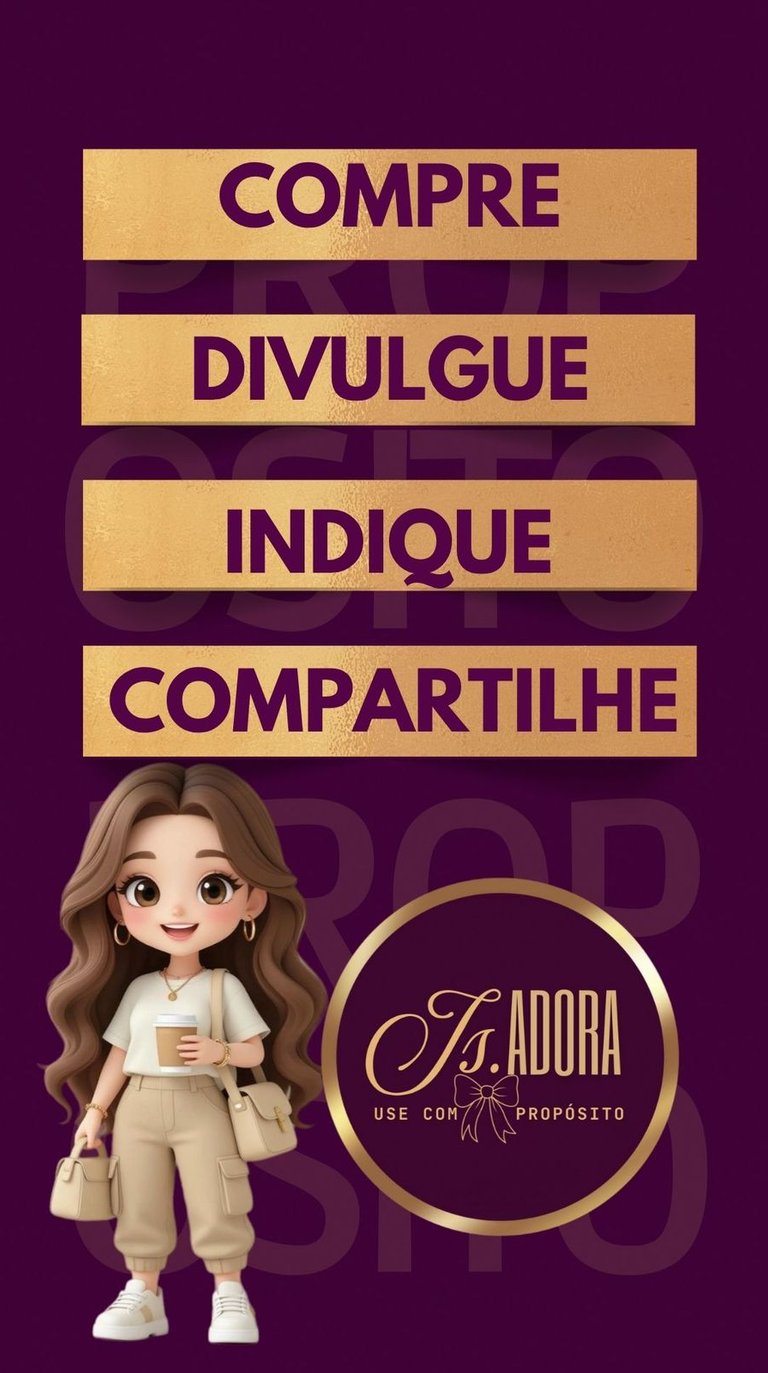 Portuguese marketing graphic with female character and Ts. Adora brand logo on purple background.