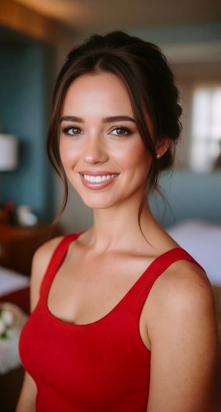 Luxury bridal updo with soft face-framing detail and radiant editorial makeup.