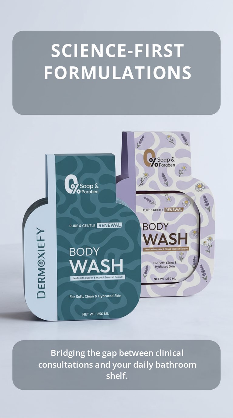 Dermoxiefy science-first body wash bottles with 0% soap and paraben in teal and lavender packaging.