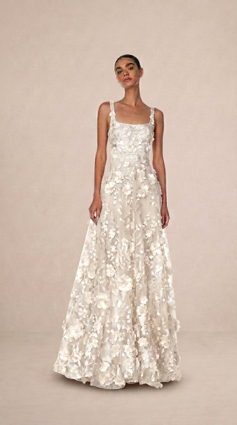 vestido de gala largo con apliques de flores 3d color blanco marfil para mujer