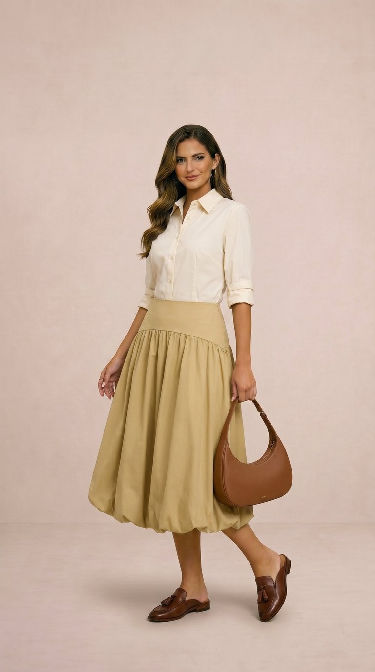 Falda midi burbuja de popelina amarillo oliva streamgirl para mujer