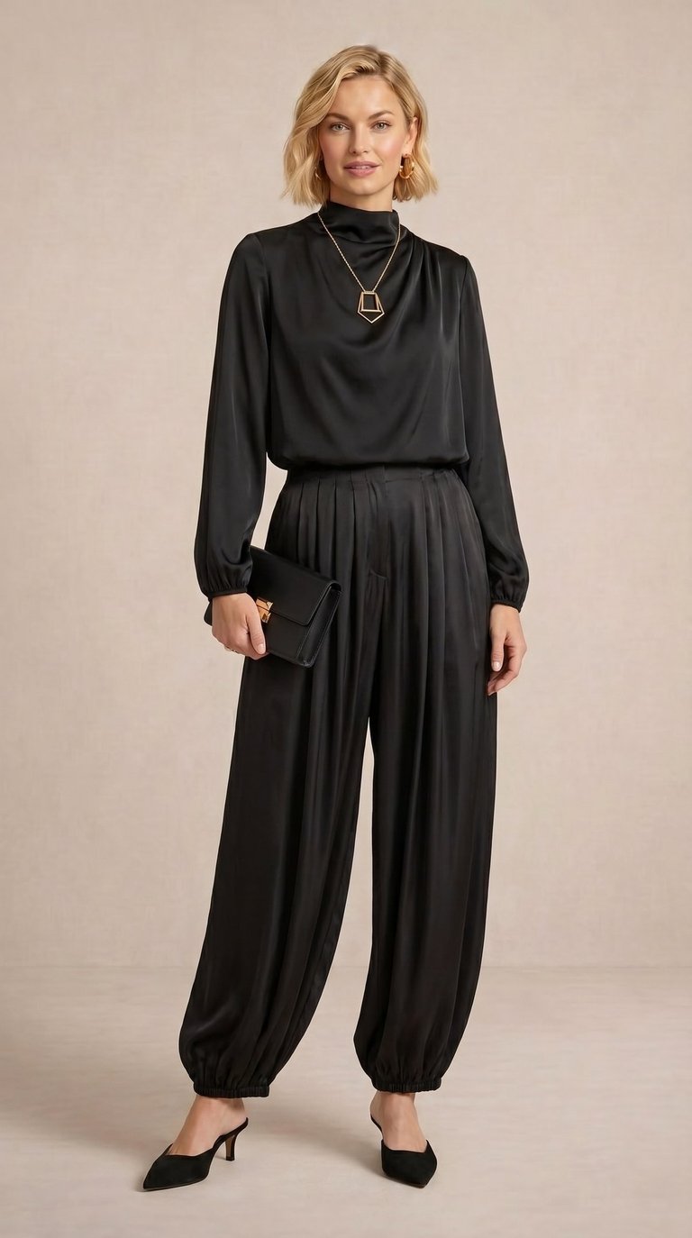pantalon globo de saten negro azabache para dama 